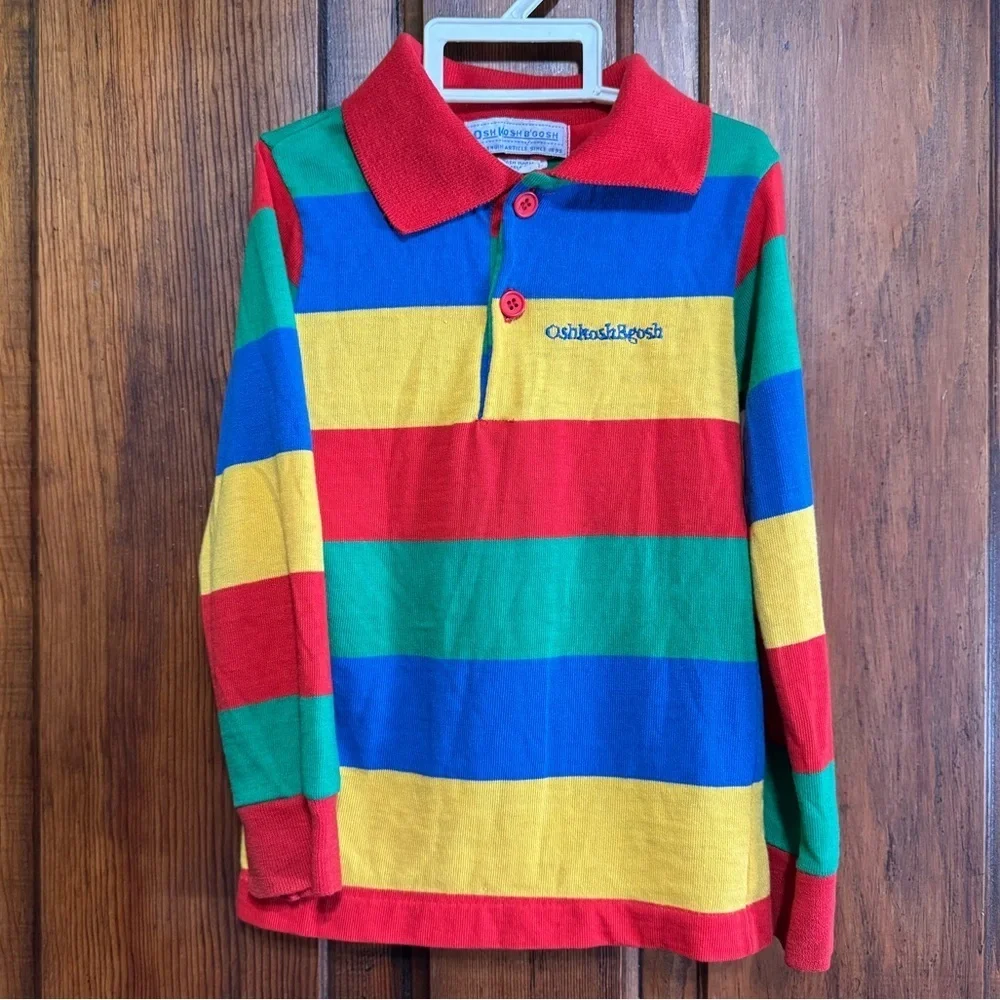 Vintage Oshkosh B’Gosh Colorblock Striped Long Sleeve Polo Shirt Size 4T